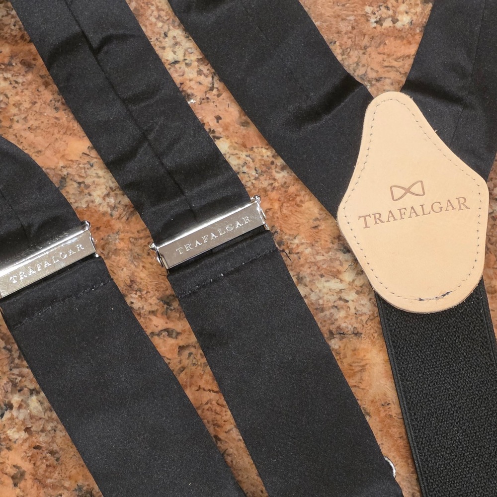 Trafalgar Mens Black Silk Satin Braces Suspenders Made in England Y-Back Button